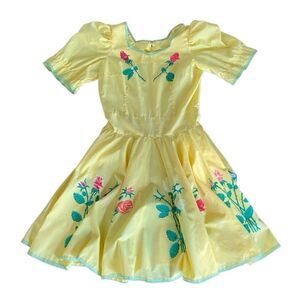 Vintage Square Dance Dress Hand Painted Roses RicRac Ruffles Yellow